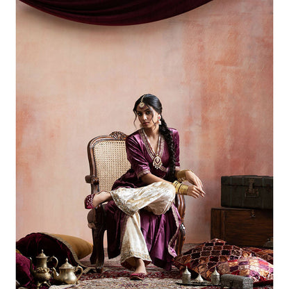 WeaverStory Wine Hand Embroidered Angarkha with Beige Farshi (Set of 2)