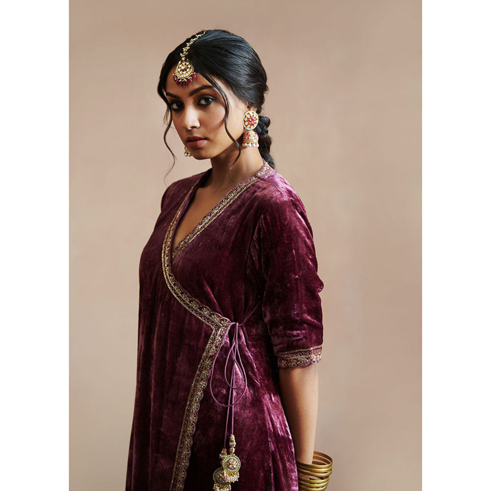 WeaverStory Wine Hand Embroidered Angarkha with Beige Farshi (Set of 2)