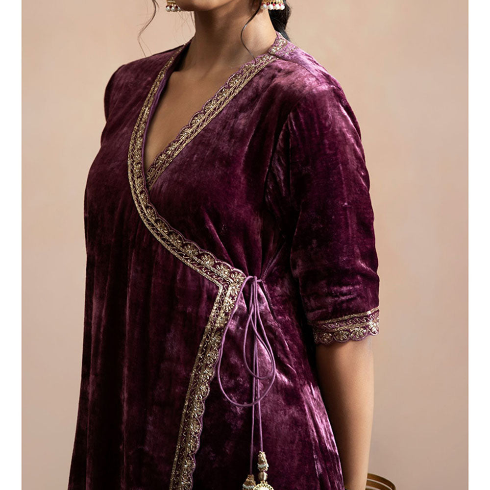 WeaverStory Wine Hand Embroidered Angarkha with Beige Farshi (Set of 2)