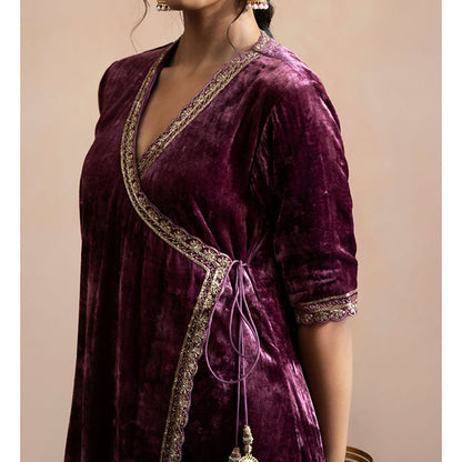 WeaverStory Wine Hand Embroidered Angarkha with Beige Farshi (Set of 2)