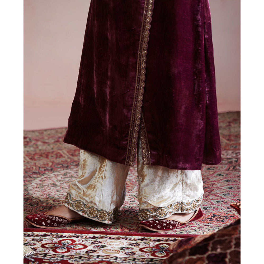 WeaverStory Wine Hand Embroidered Angarkha with Beige Farshi (Set of 2)