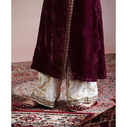 WeaverStory Wine Hand Embroidered Angarkha with Beige Farshi (Set of 2)