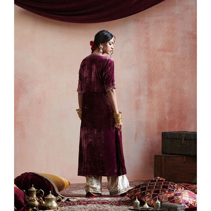 WeaverStory Wine Hand Embroidered Angarkha with Beige Farshi (Set of 2)