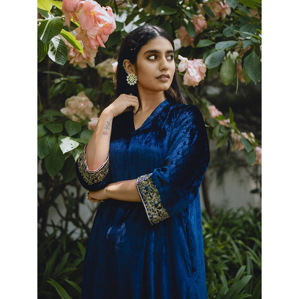 WeaverStory Navy Blue Hand Embroidered Kurta & Salwar (Set of 2)