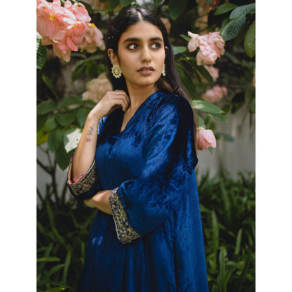 WeaverStory Navy Blue Hand Embroidered Kurta & Salwar (Set of 2)