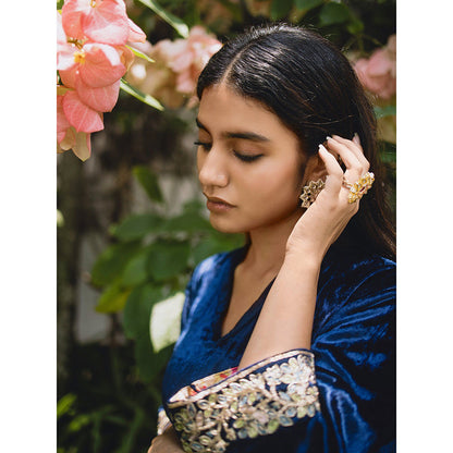 WeaverStory Navy Blue Hand Embroidered Kurta & Salwar (Set of 2)