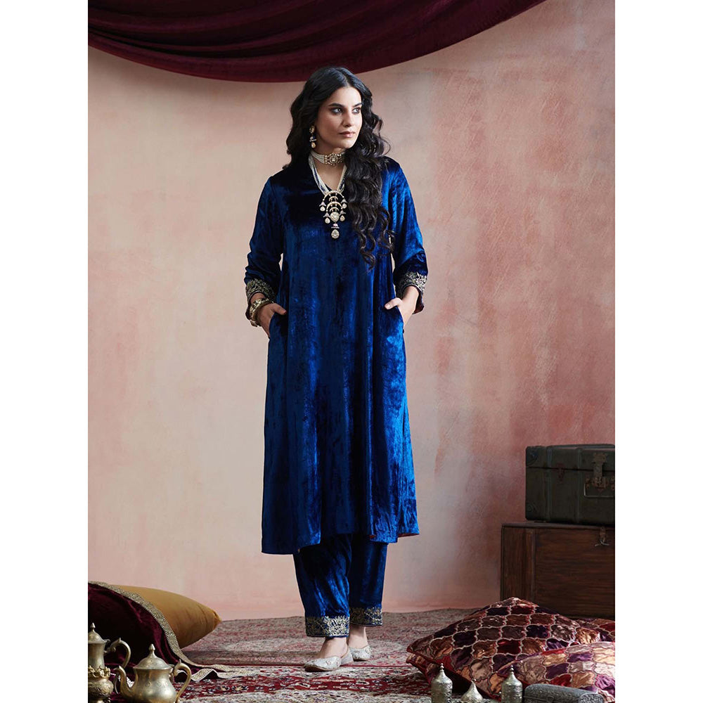 WeaverStory Navy Blue Hand Embroidered Kurta & Salwar (Set of 2)