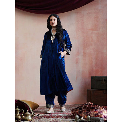 WeaverStory Navy Blue Hand Embroidered Kurta & Salwar (Set of 2)