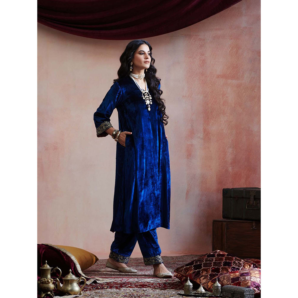 WeaverStory Navy Blue Hand Embroidered Kurta & Salwar (Set of 2)