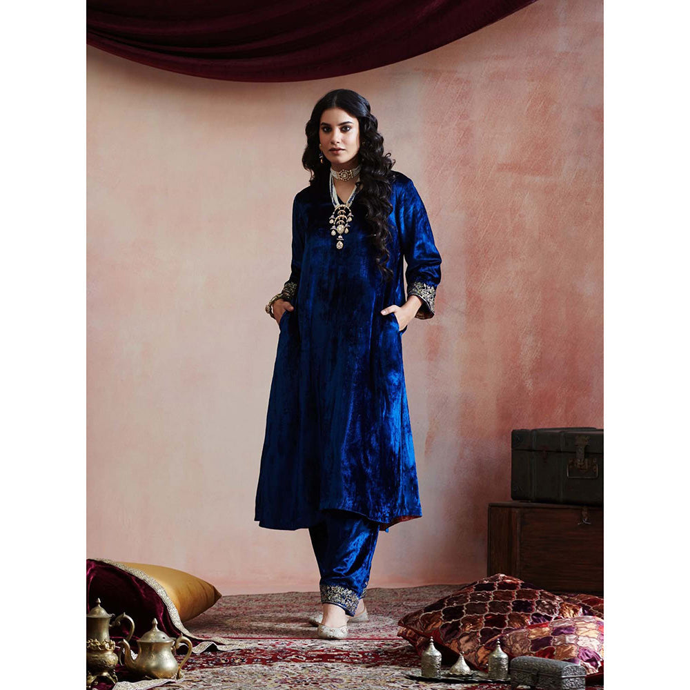 WeaverStory Navy Blue Hand Embroidered Kurta & Salwar (Set of 2)