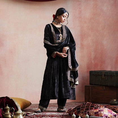 WeaverStory Hand Embroidered Black Gathered Kurta with Salwar & Dupatta (Set of 3)