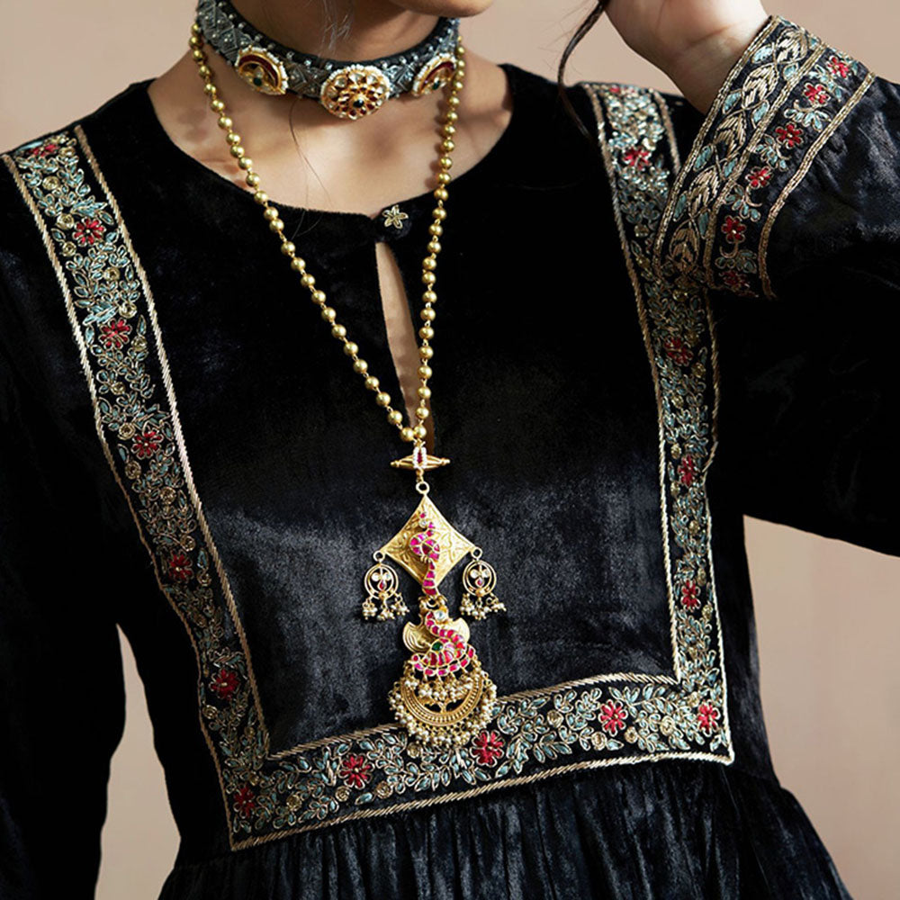 WeaverStory Hand Embroidered Black Gathered Kurta with Salwar & Dupatta (Set of 3)