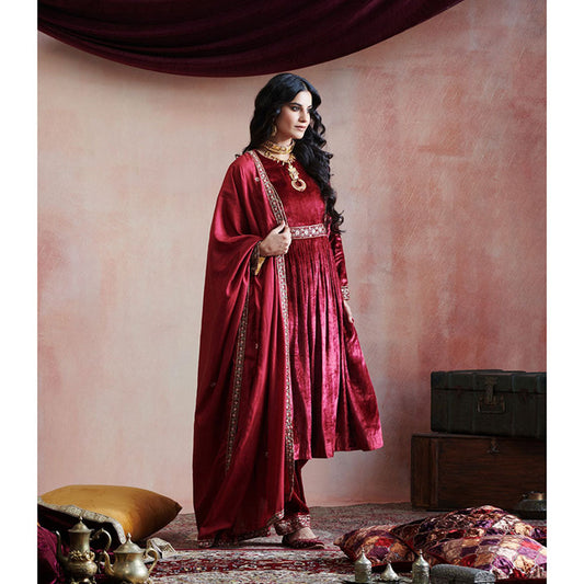 WeaverStory Maroon Hand Embroidered Kurta with Salwar & Pure Silk Dupatta (Set of 3)