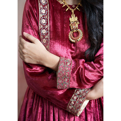 WeaverStory Maroon Hand Embroidered Kurta with Salwar & Pure Silk Dupatta (Set of 3)