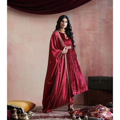 WeaverStory Maroon Hand Embroidered Kurta with Salwar & Pure Silk Dupatta (Set of 3)