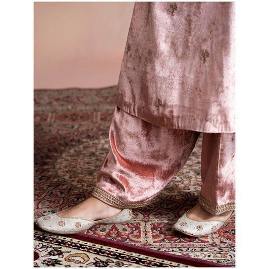 WeaverStory Peach Hand Embroidered Close Neck Kurta with Salwar (Set of 2)