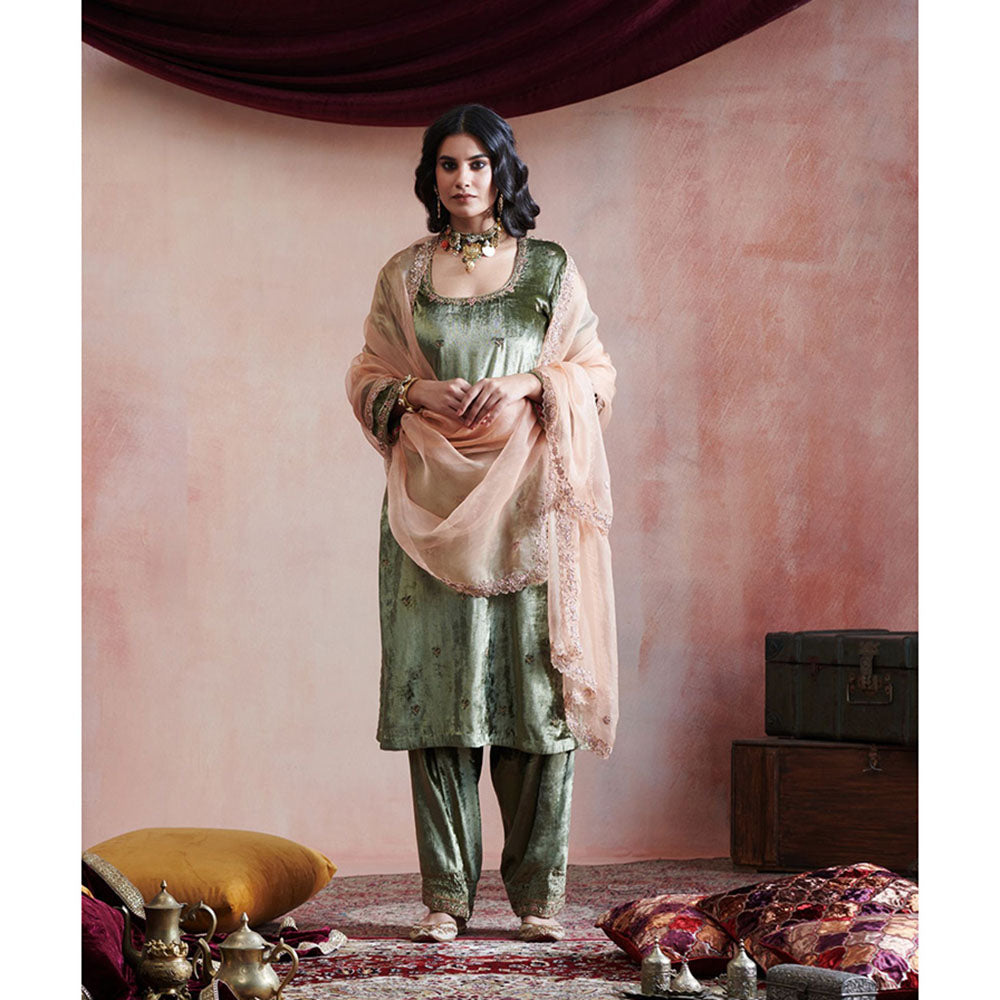 WeaverStory Olive Green Hand Embroidered Kurta with Salwar & Peach Organza Dupatta (Set of 3)