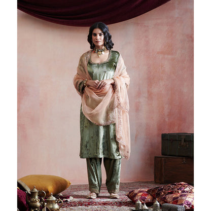 WeaverStory Olive Green Hand Embroidered Kurta with Salwar & Peach Organza Dupatta (Set of 3)