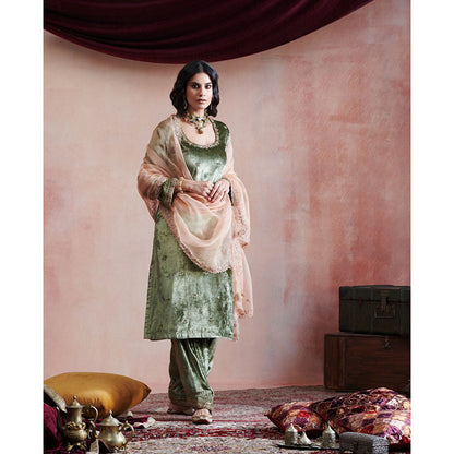 WeaverStory Olive Green Hand Embroidered Kurta with Salwar & Peach Organza Dupatta (Set of 3)
