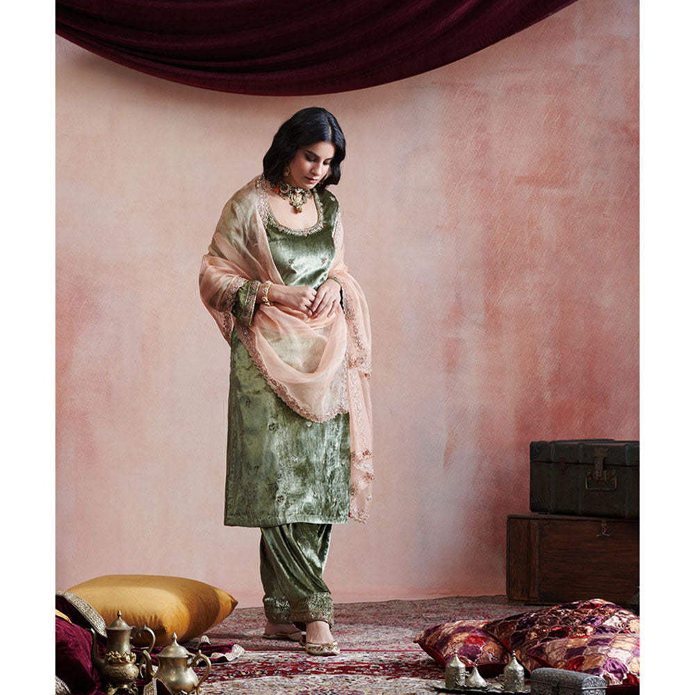WeaverStory Olive Green Hand Embroidered Kurta with Salwar & Peach Organza Dupatta (Set of 3)