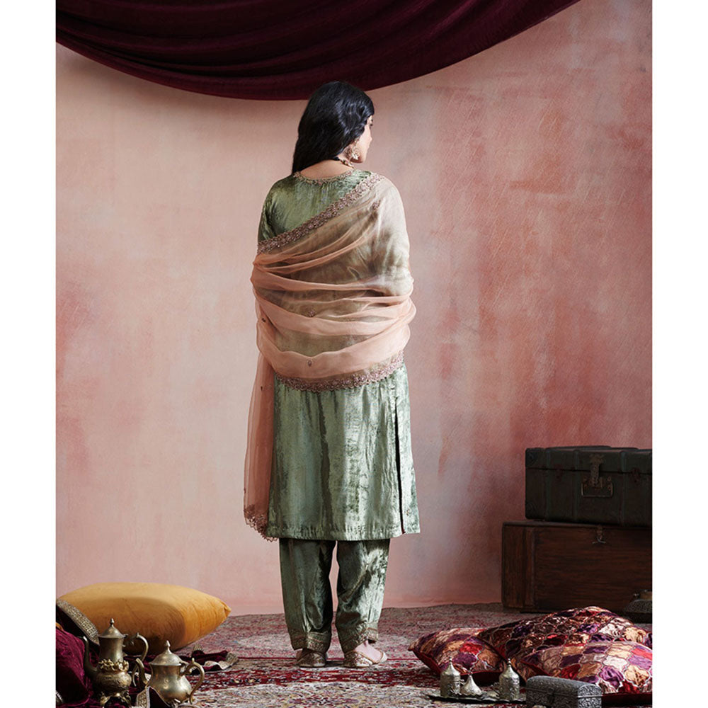 WeaverStory Olive Green Hand Embroidered Kurta with Salwar & Peach Organza Dupatta (Set of 3)