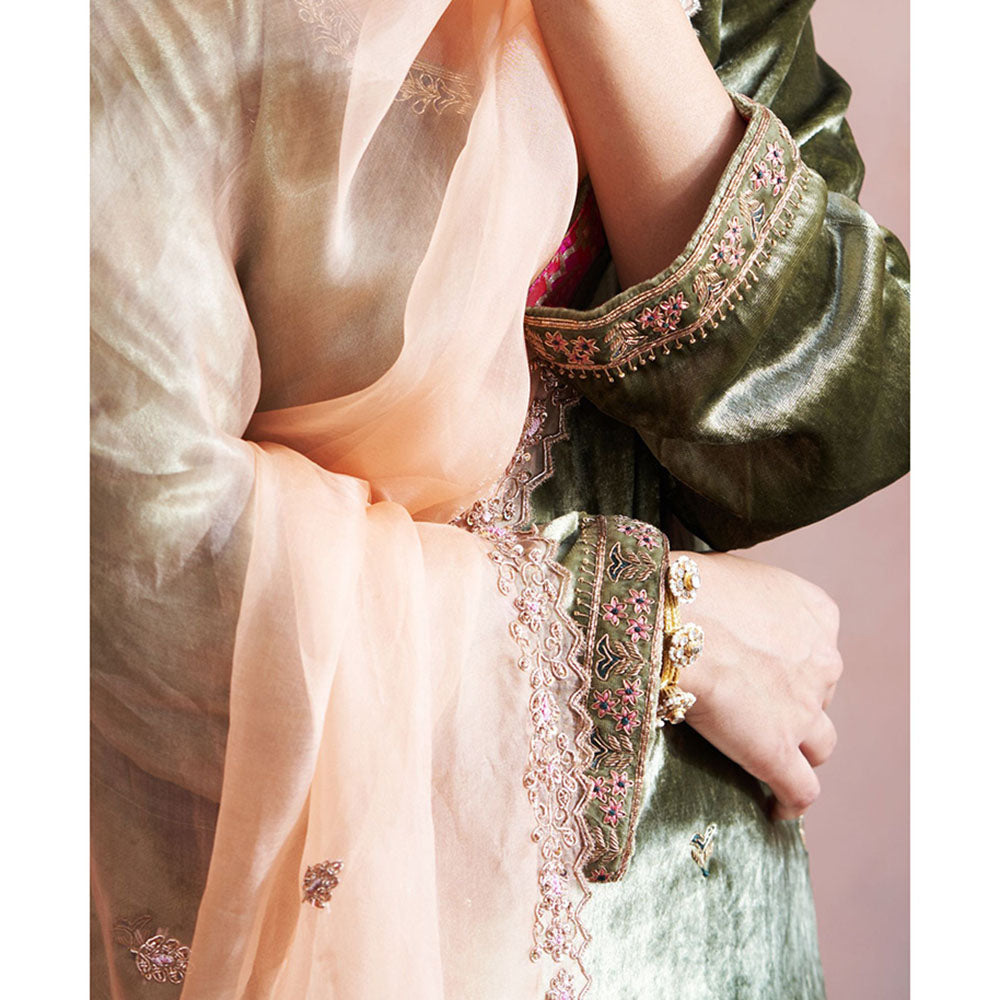 WeaverStory Olive Green Hand Embroidered Kurta with Salwar & Peach Organza Dupatta (Set of 3)