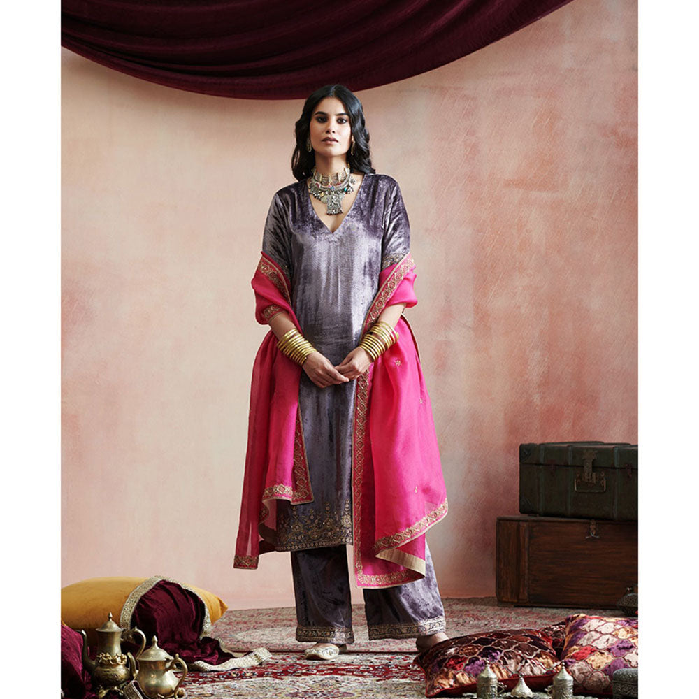 WeaverStory Dark Grey Hand Embroidered Kurta with Farshi & Organza Dupatta (Set of 3)