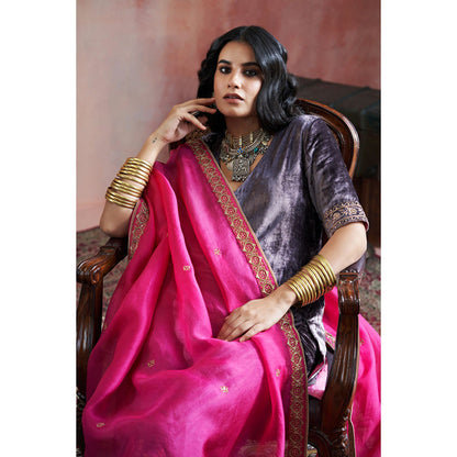 WeaverStory Dark Grey Hand Embroidered Kurta with Farshi & Organza Dupatta (Set of 3)