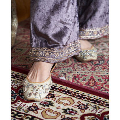 WeaverStory Dark Grey Hand Embroidered Kurta with Farshi & Organza Dupatta (Set of 3)