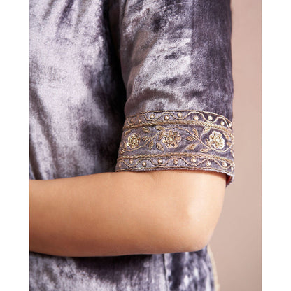 WeaverStory Dark Grey Hand Embroidered Kurta with Farshi & Organza Dupatta (Set of 3)