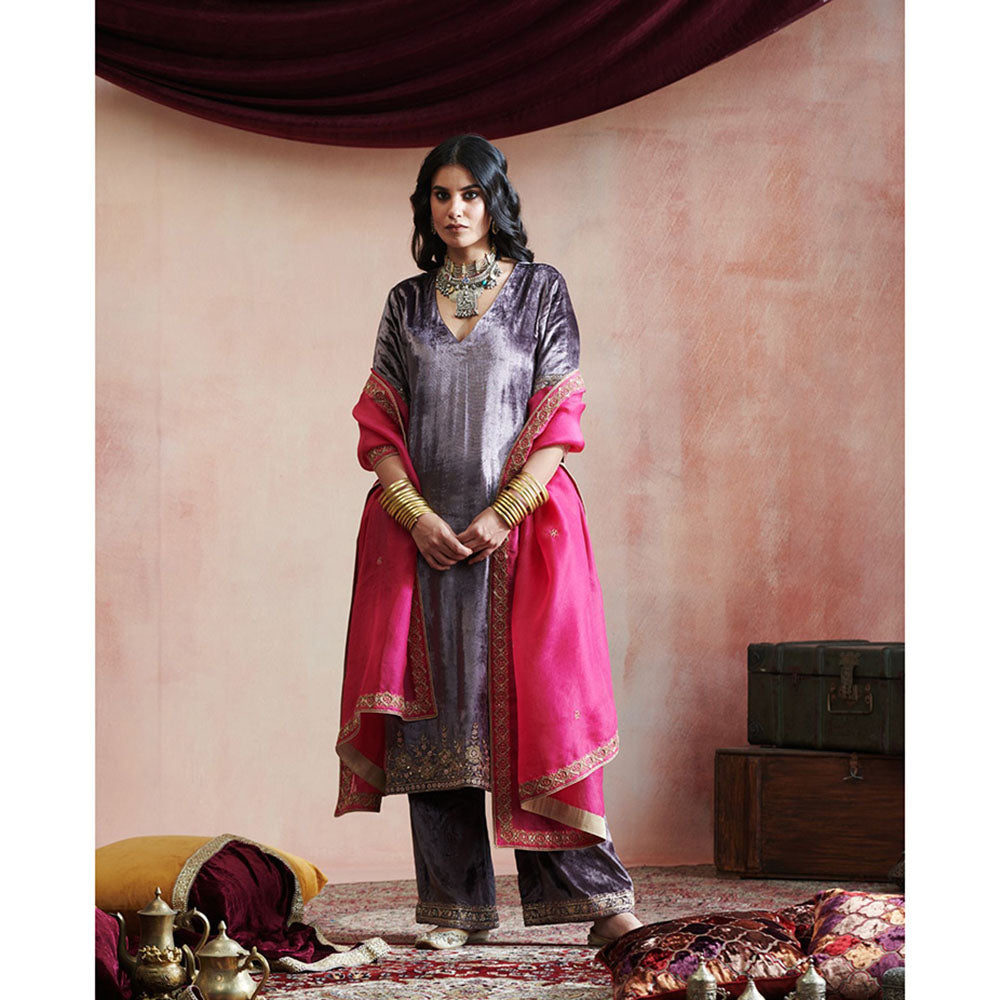 WeaverStory Dark Grey Hand Embroidered Kurta with Farshi & Organza Dupatta (Set of 3)