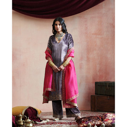 WeaverStory Dark Grey Hand Embroidered Kurta with Farshi & Organza Dupatta (Set of 3)