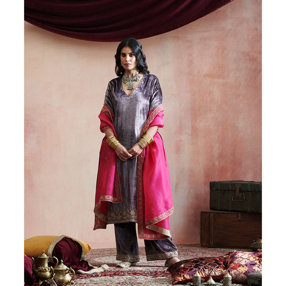 WeaverStory Dark Grey Hand Embroidered Kurta with Farshi & Organza Dupatta (Set of 3)