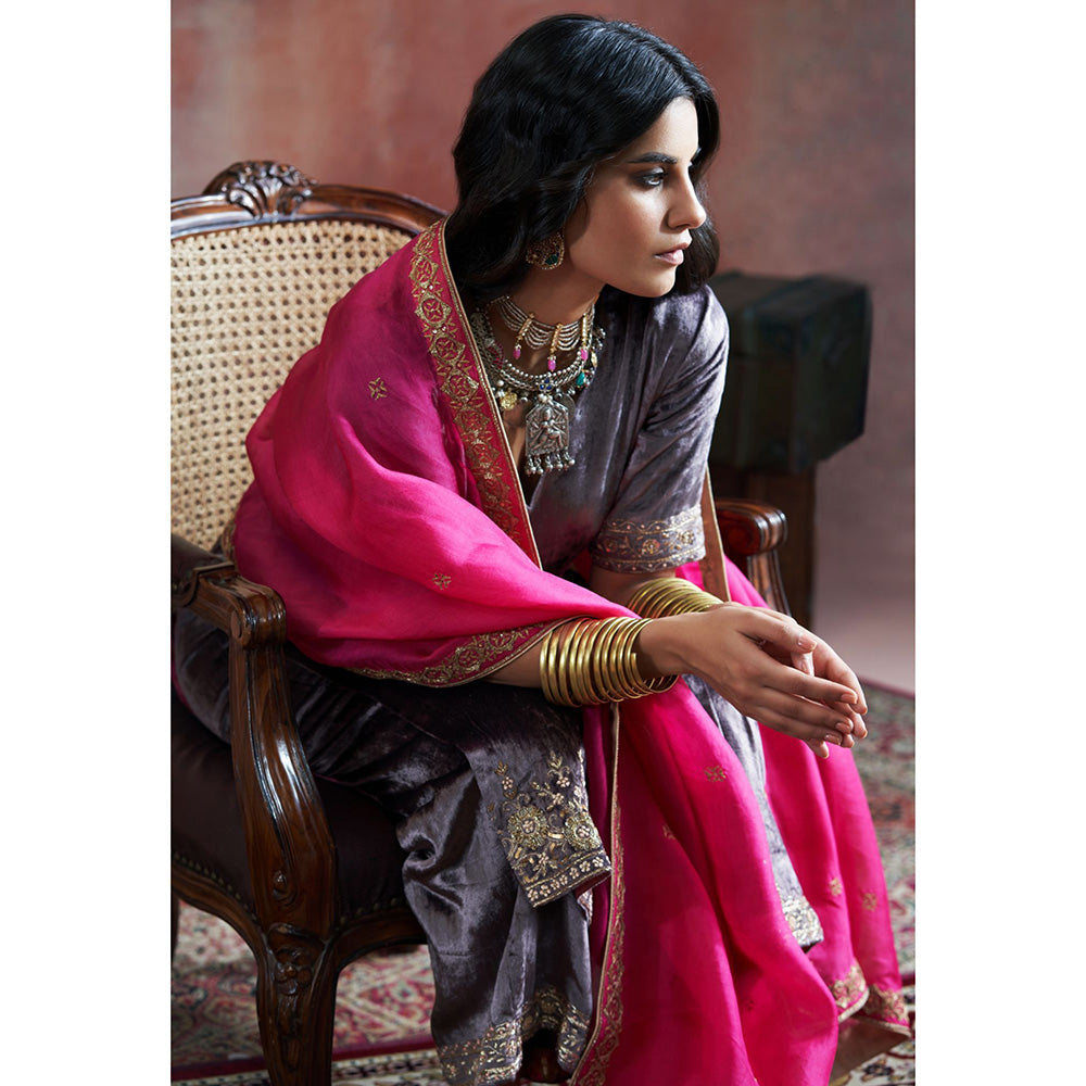 WeaverStory Dark Grey Hand Embroidered Kurta with Farshi & Organza Dupatta (Set of 3)