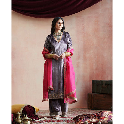 WeaverStory Dark Grey Hand Embroidered Kurta with Farshi & Organza Dupatta (Set of 3)