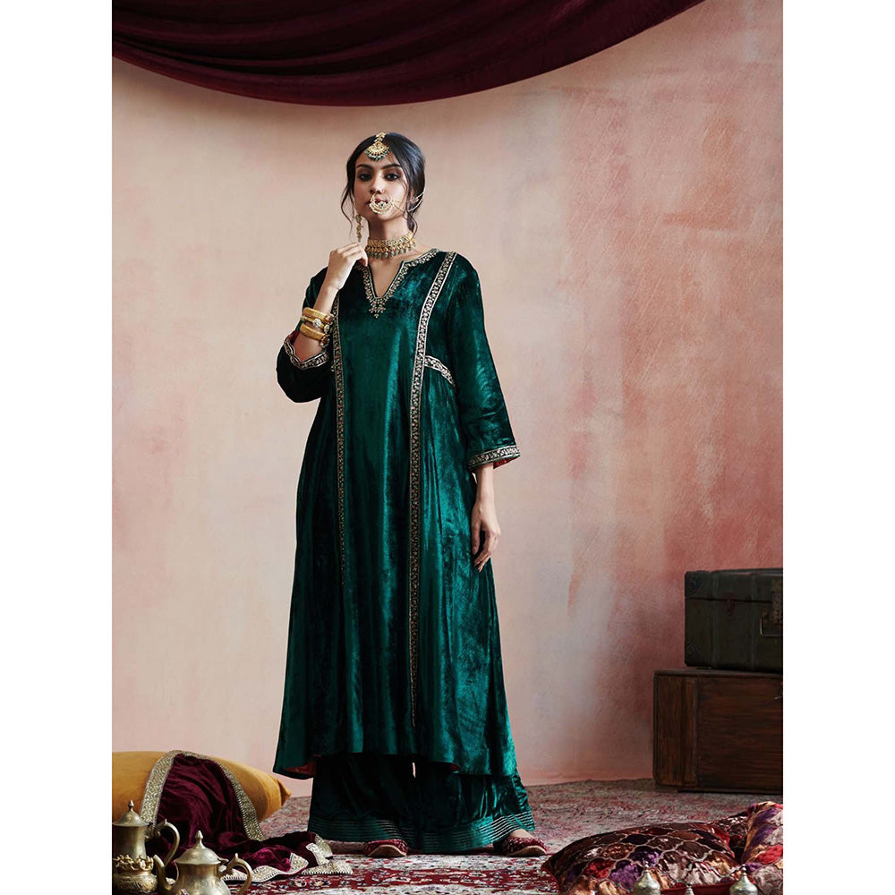 WeaverStory Hand Embroidered Dark Green Kalidar Kurta with Farshi (Set of 2)