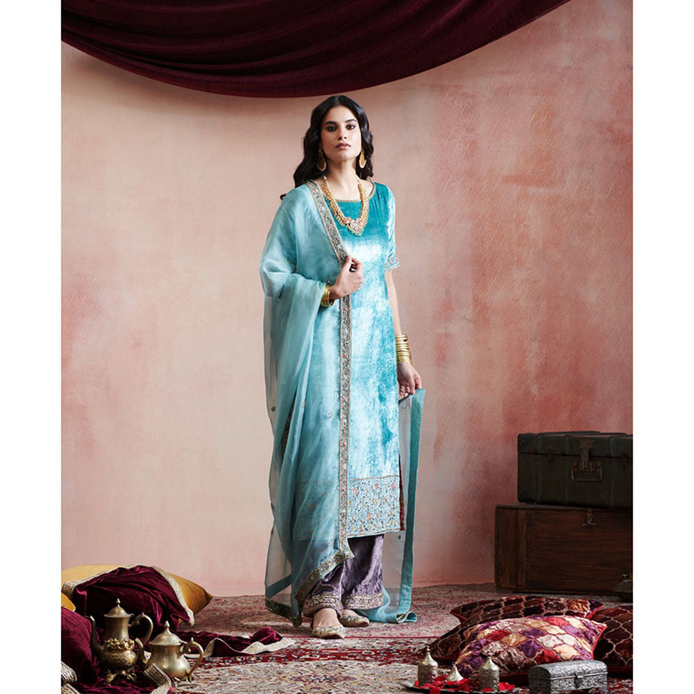 WeaverStory Ice Blue Hand Embroidered Kurta with Grey Farshi & Organza Dupatta (Set of 3)