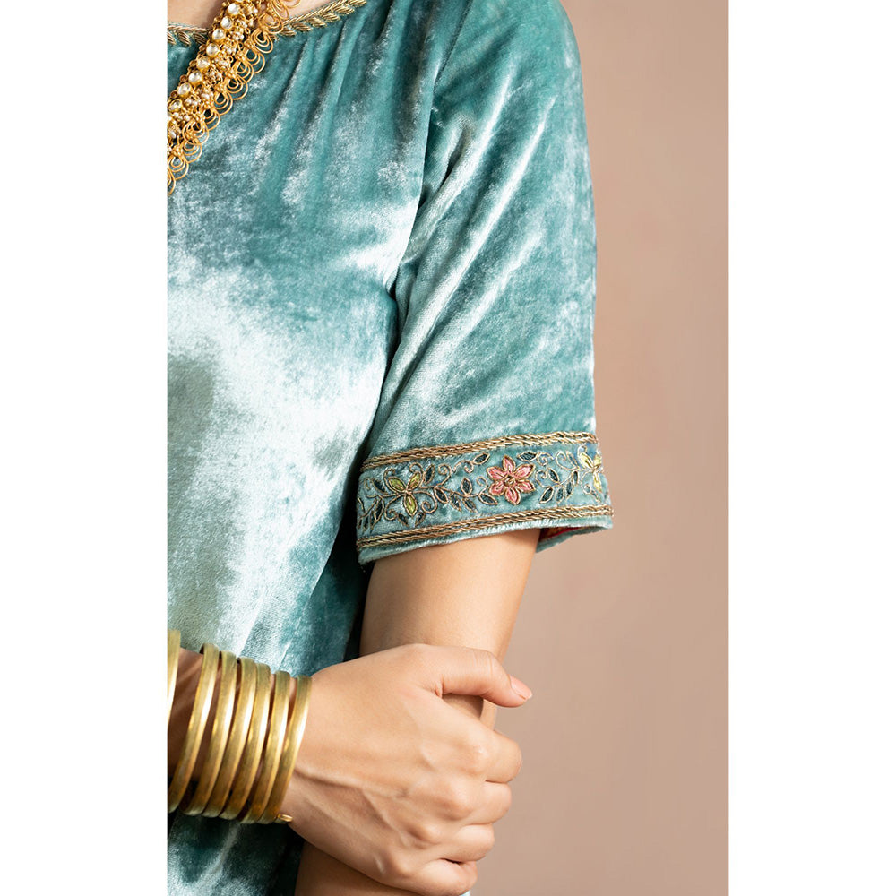 WeaverStory Ice Blue Hand Embroidered Kurta with Grey Farshi & Organza Dupatta (Set of 3)