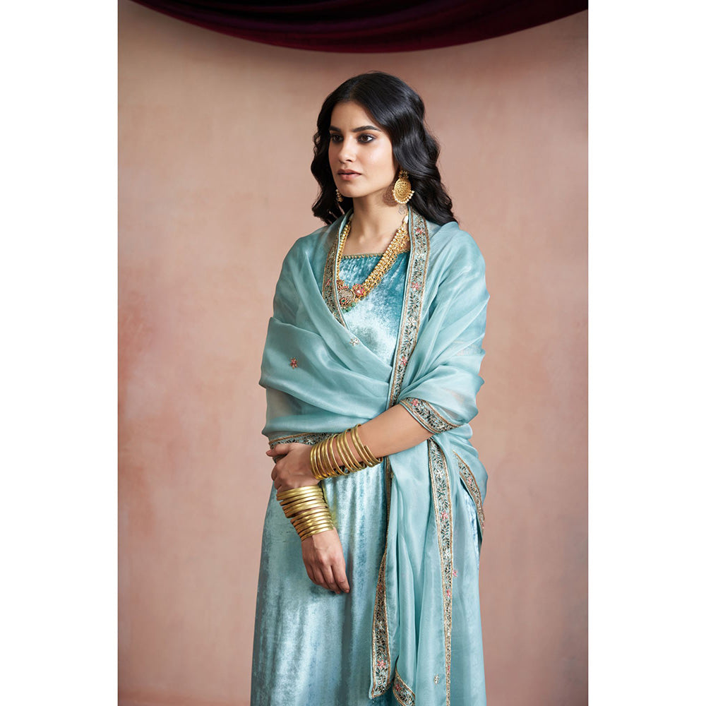 WeaverStory Ice Blue Hand Embroidered Kurta with Grey Farshi & Organza Dupatta (Set of 3)