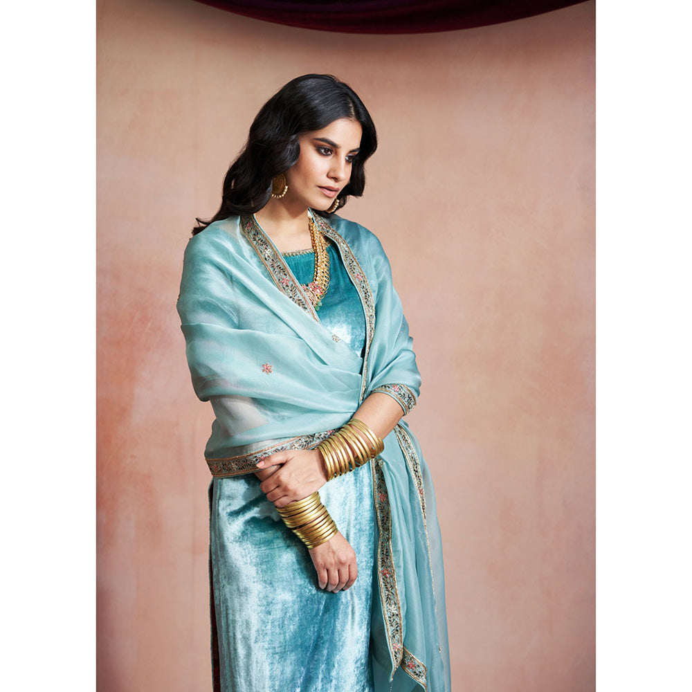 WeaverStory Ice Blue Hand Embroidered Kurta with Grey Farshi & Organza Dupatta (Set of 3)