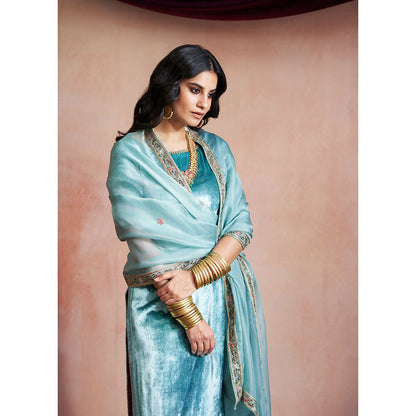 WeaverStory Ice Blue Hand Embroidered Kurta with Grey Farshi & Organza Dupatta (Set of 3)