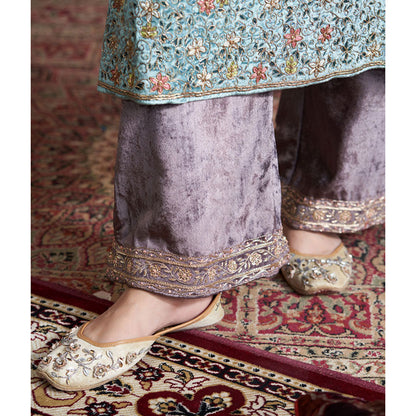 WeaverStory Ice Blue Hand Embroidered Kurta with Grey Farshi & Organza Dupatta (Set of 3)