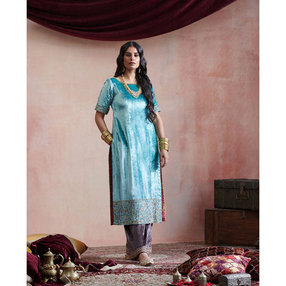 WeaverStory Ice Blue Hand Embroidered Kurta with Grey Farshi & Organza Dupatta (Set of 3)