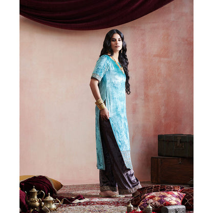 WeaverStory Ice Blue Hand Embroidered Kurta with Grey Farshi & Organza Dupatta (Set of 3)