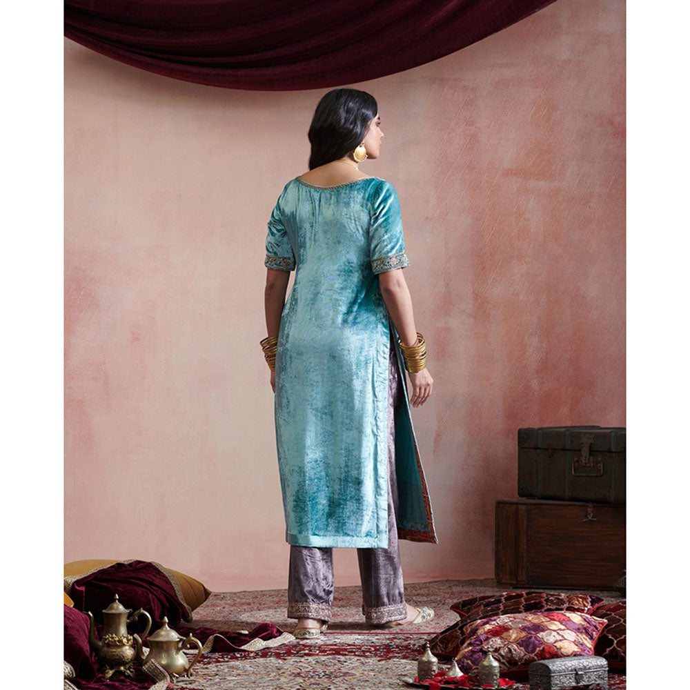 WeaverStory Ice Blue Hand Embroidered Kurta with Grey Farshi & Organza Dupatta (Set of 3)