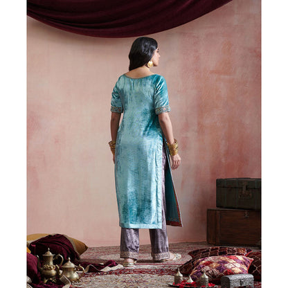 WeaverStory Ice Blue Hand Embroidered Kurta with Grey Farshi & Organza Dupatta (Set of 3)