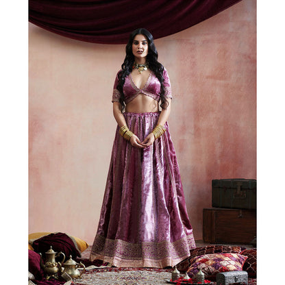 WeaverStory Hand Embroidered Grape Lehenga with Blouse & Organza Dupatta (Set of 3)