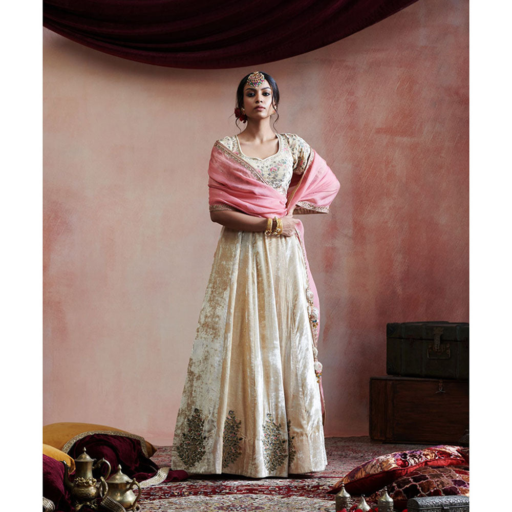 WeaverStory Hand Embroidered Beige Skirt with Blouse & Pink Organza Dupatta (Set of 3)