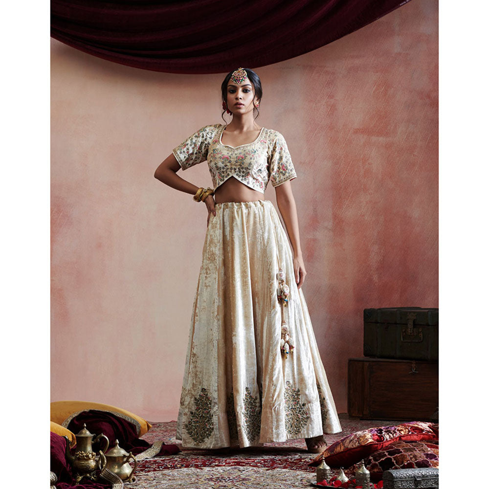 WeaverStory Hand Embroidered Beige Skirt with Blouse & Pink Organza Dupatta (Set of 3)