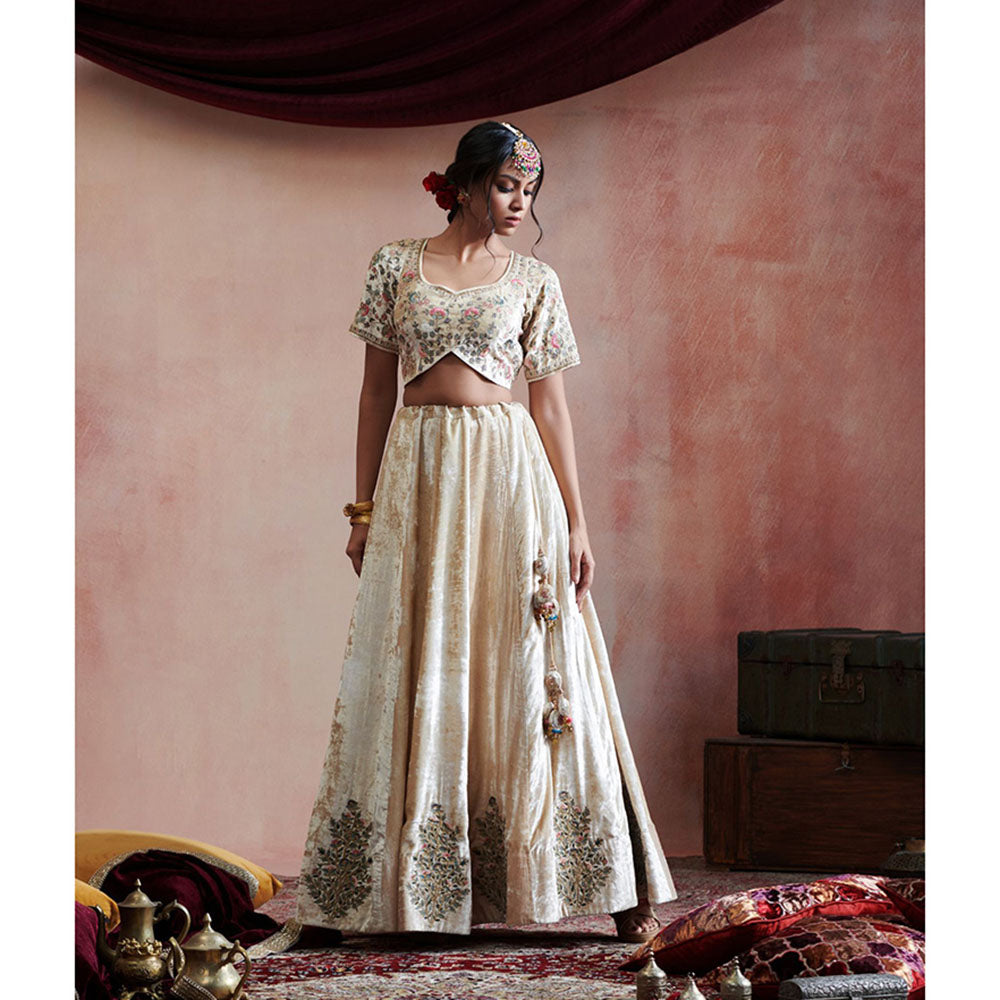 WeaverStory Hand Embroidered Beige Skirt with Blouse & Pink Organza Dupatta (Set of 3)